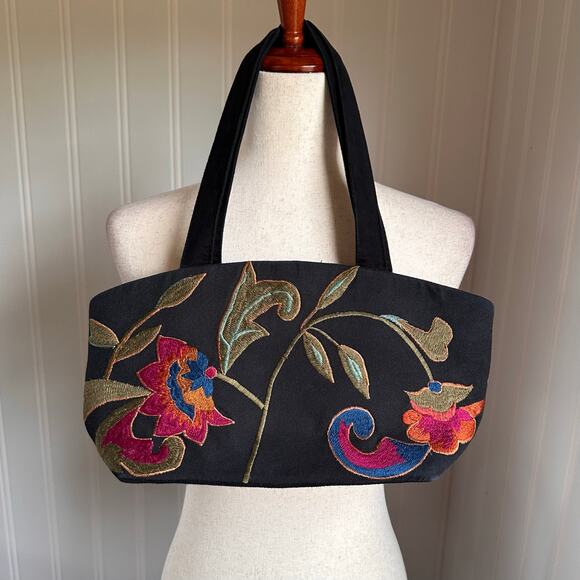 Vintage 90s/Y2K Boho Black Floral Handbag OS - Picture 1 of 6